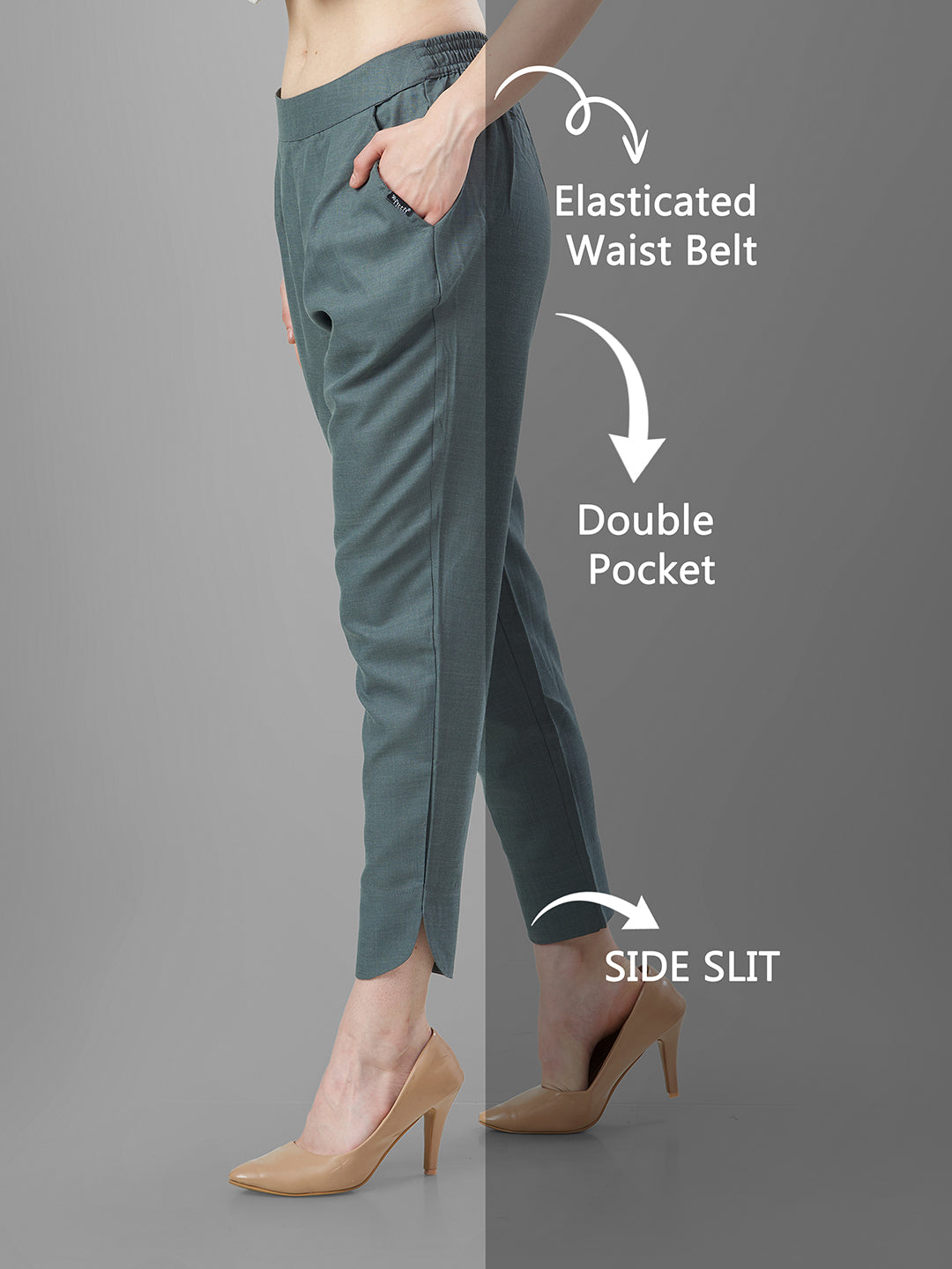 Trendy Silk Cigarette Pants for Ladies in Smoke Grey online | Tittli