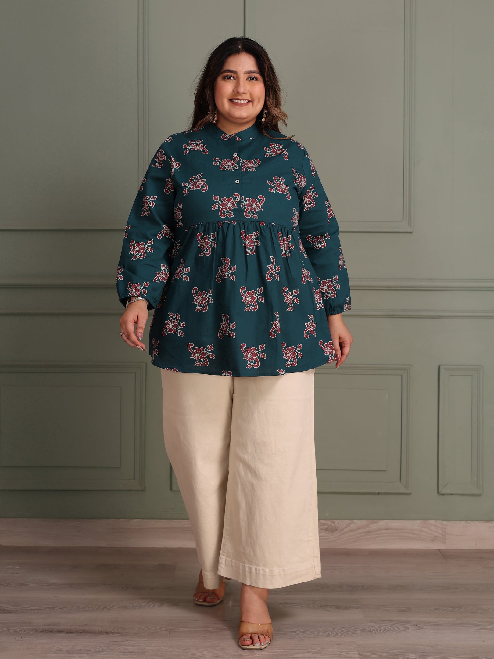 TITTLI Women Plus Size All-Over Printed Puff Sleeves Mandarin Collar Pure Cotton Frailed Kurti (Airforce)