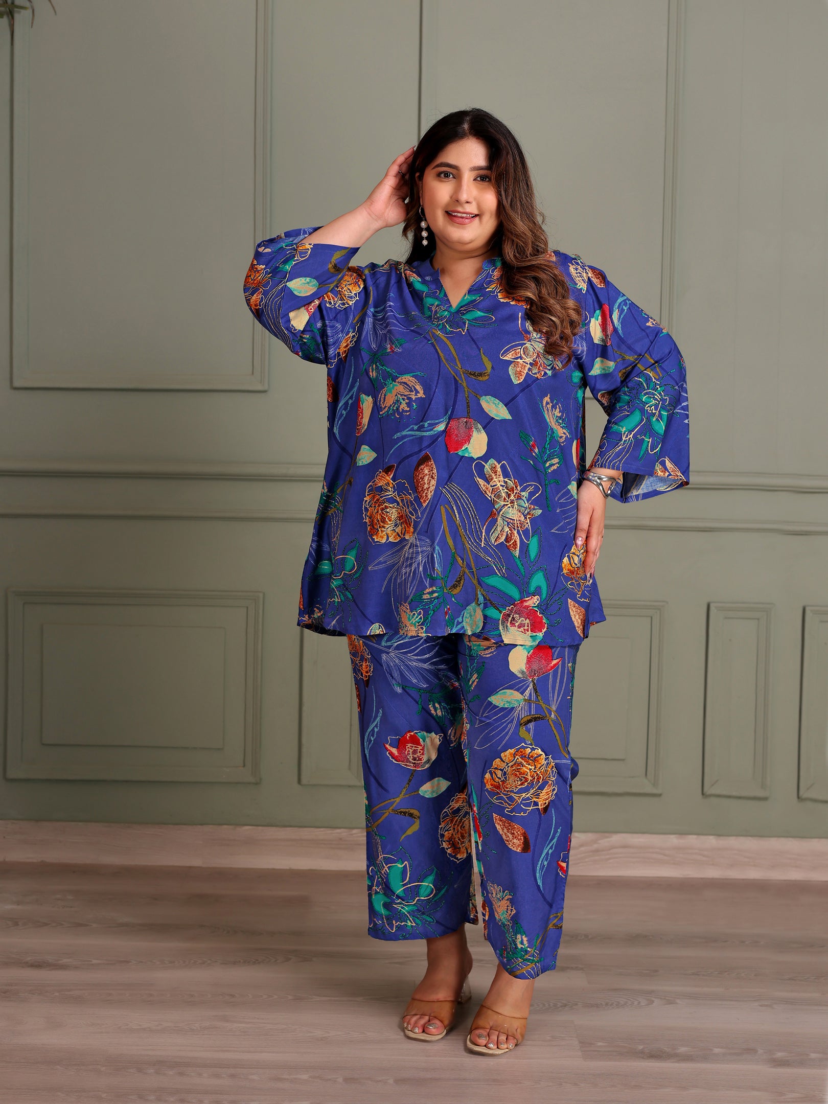 TITTLI Women Plus Size All Over Printed Tunic and Trouser Co Ord Set (Blue)