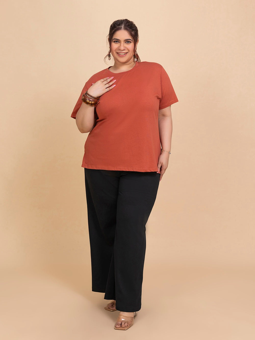 TITTLI Plus Size Pure Cotton Rust Round Neck T-Shirt For Womens