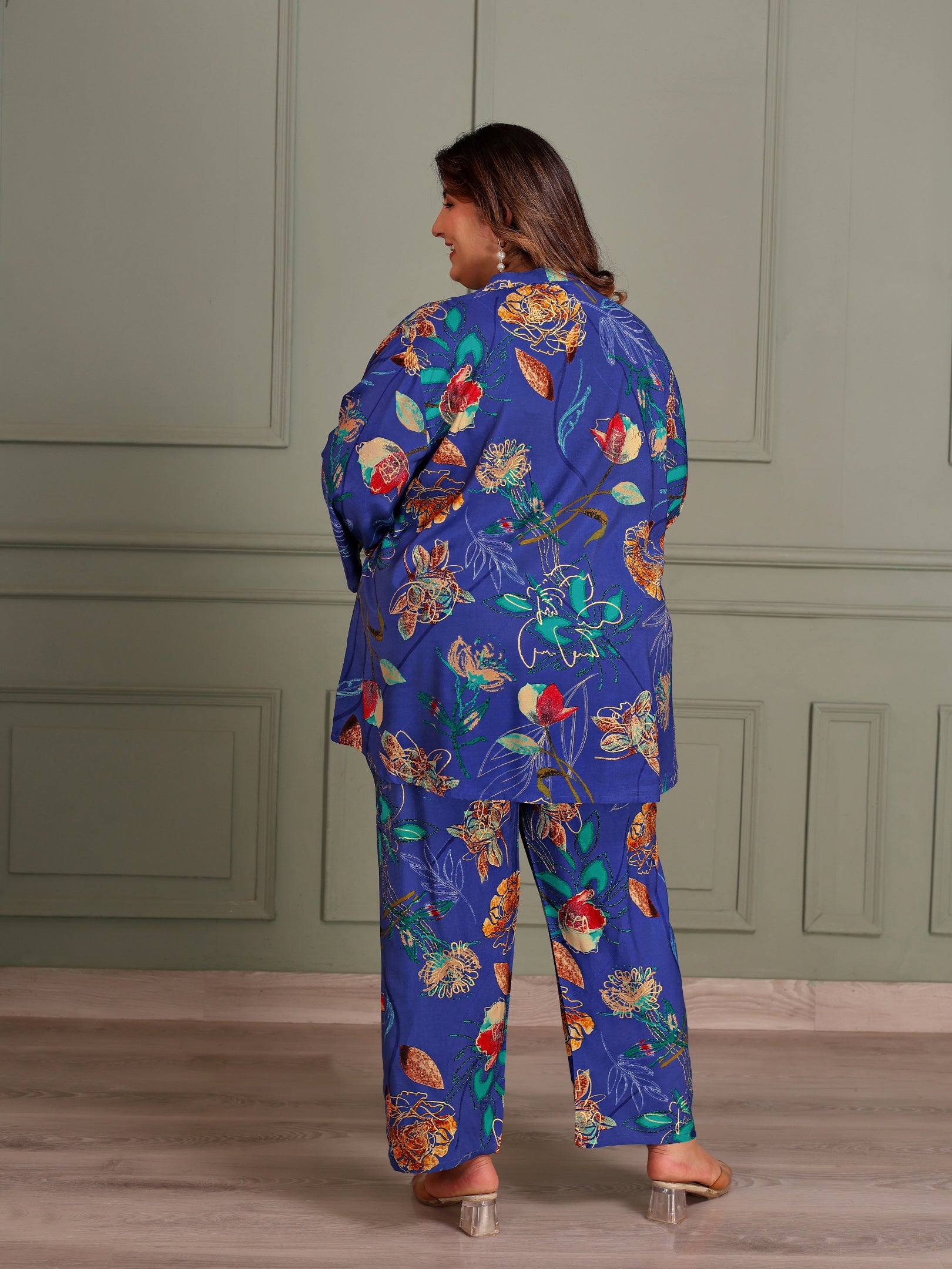 TITTLI Women Plus Size All Over Printed Tunic and Trouser Co Ord Set (Blue)