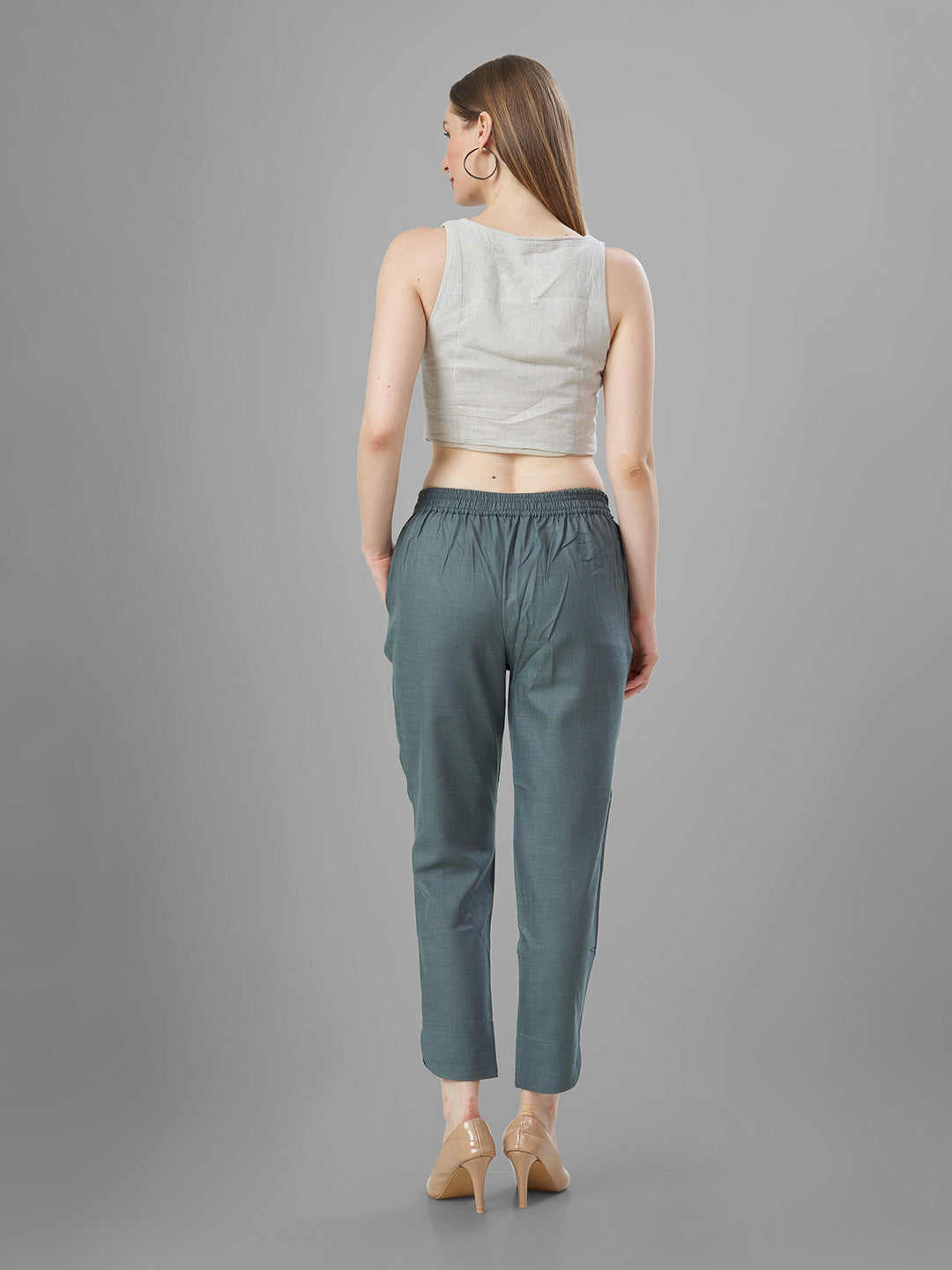 Trendy Silk Cigarette Pants for Ladies in Smoke Grey back view