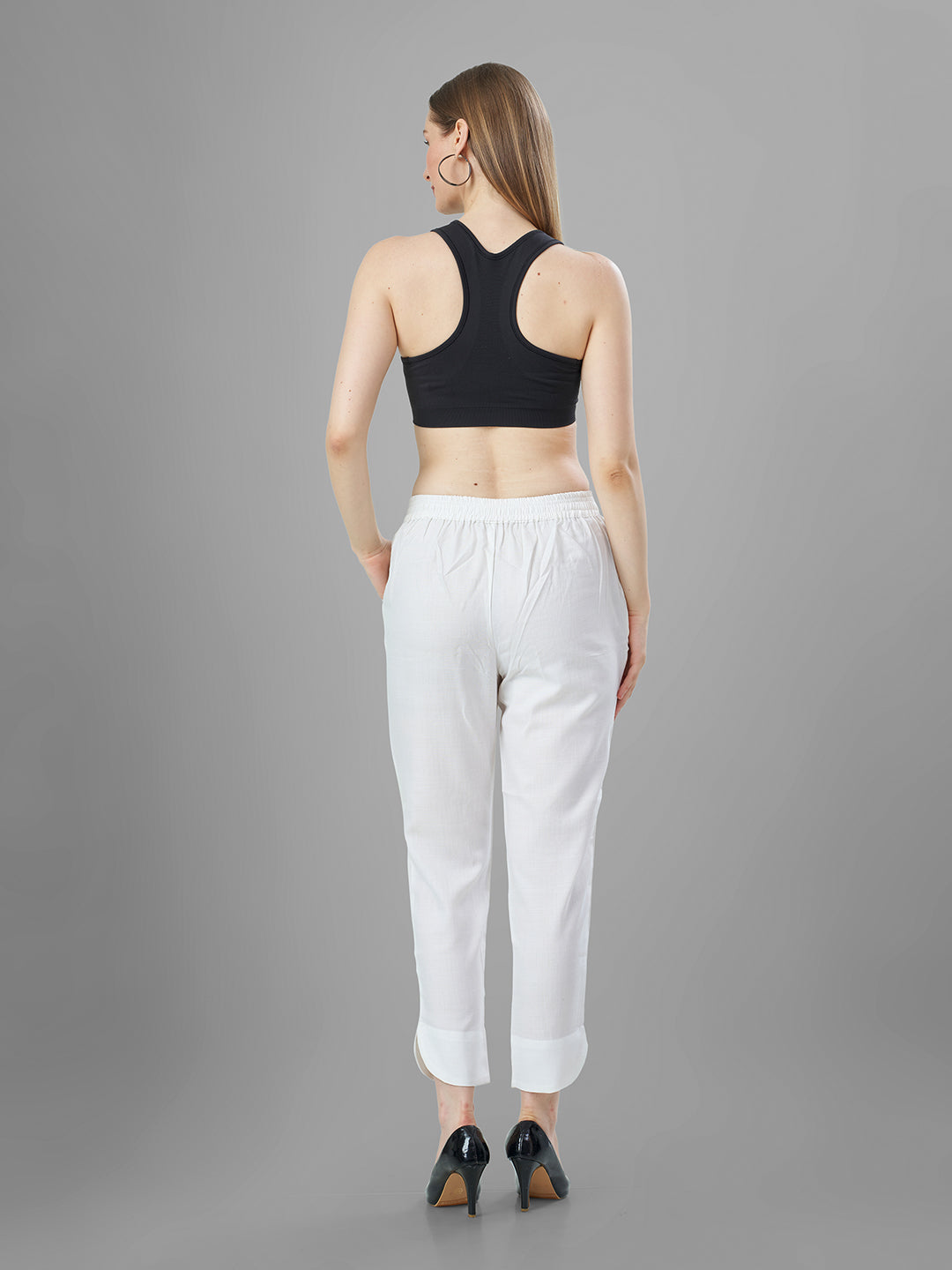Trendy Silk Cigarette Pants for Ladies in white back view