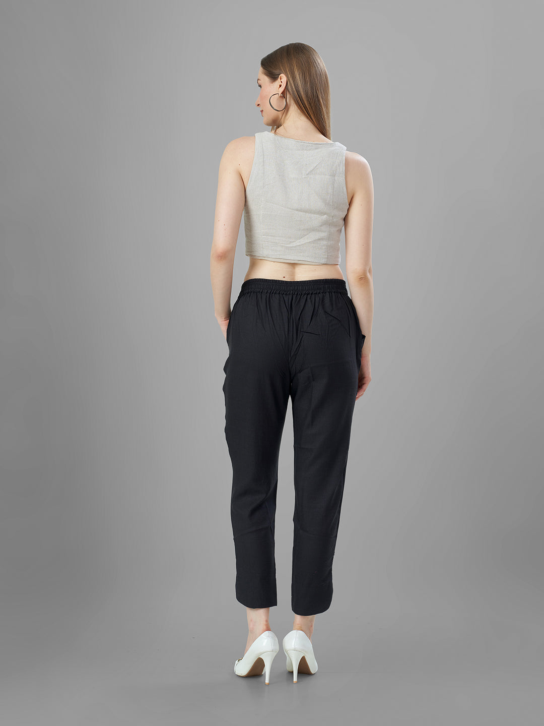 Trendy Silk Cigarette Pants for Ladies in Black back view
