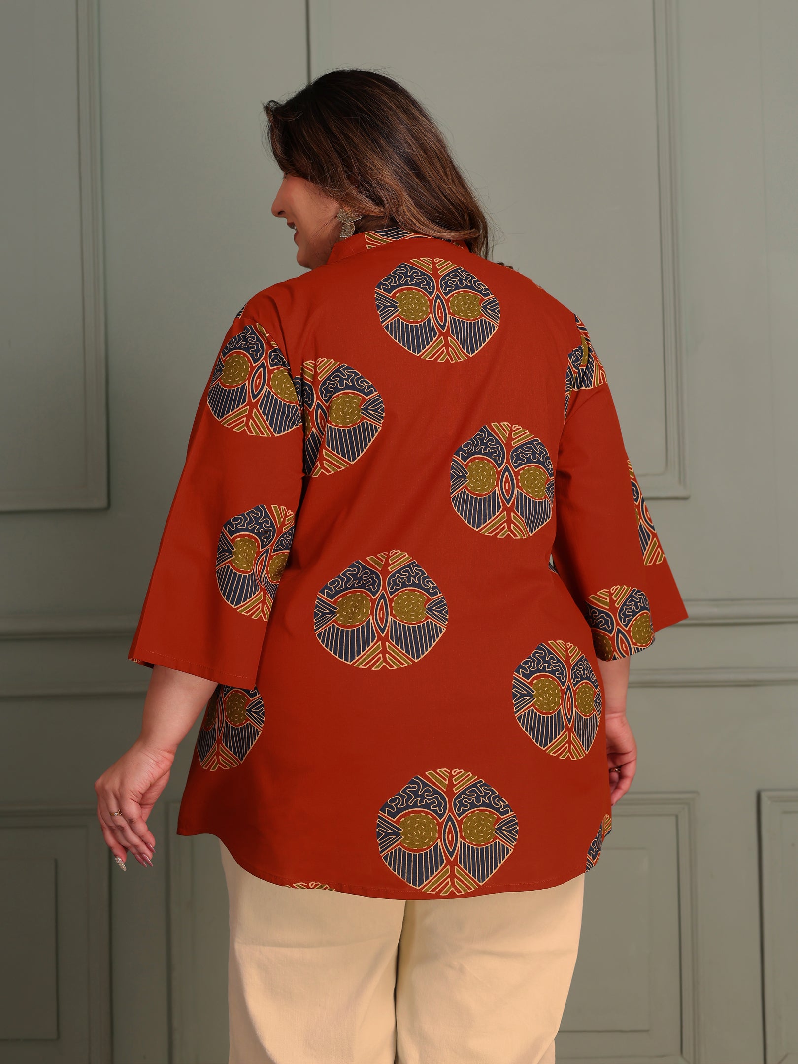 TITTLI Women Plus Size Printed Pure Cotton Mandarin Collar Casual Kurti (Rust)