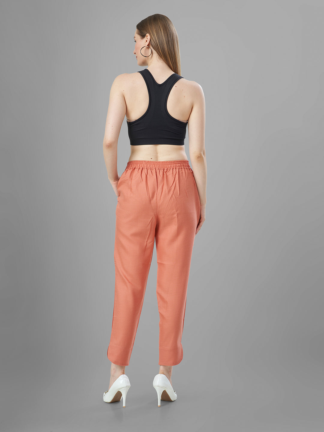 Trendy Silk Cigarette Pants for Ladies in Carrot back view