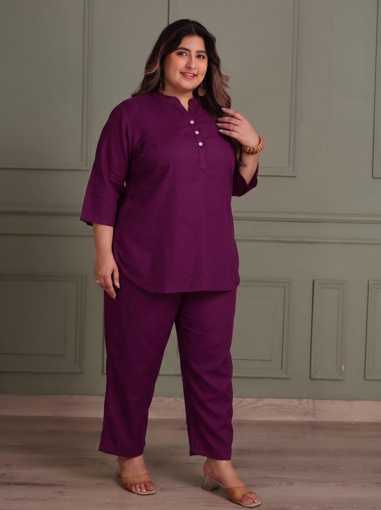 TITTLI Women Plus Size Cotton Silk Tunic & Straight Trousers Co-Ord Set (Wine)