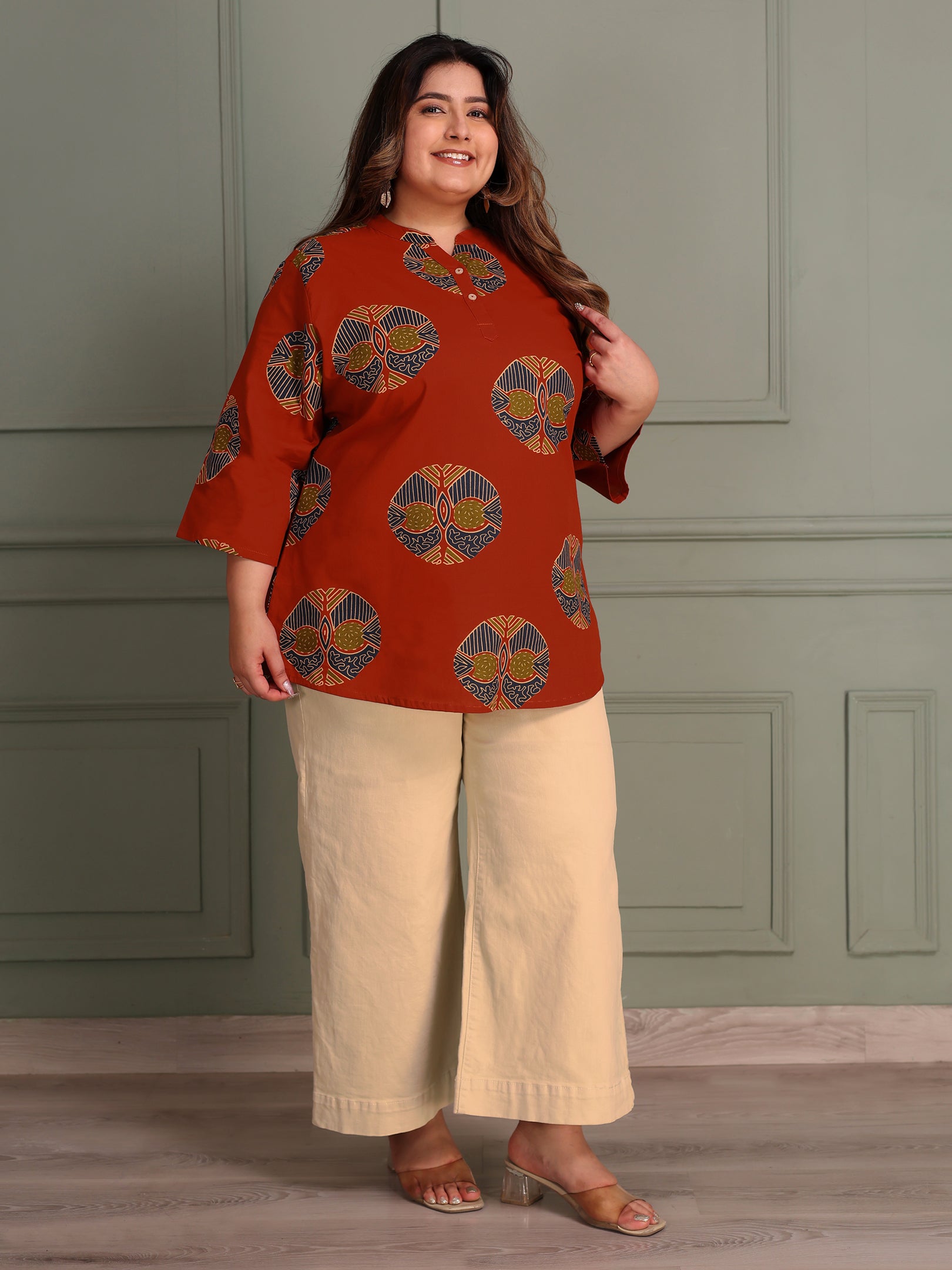 TITTLI Women Plus Size Printed Pure Cotton Mandarin Collar Casual Kurti (Rust)
