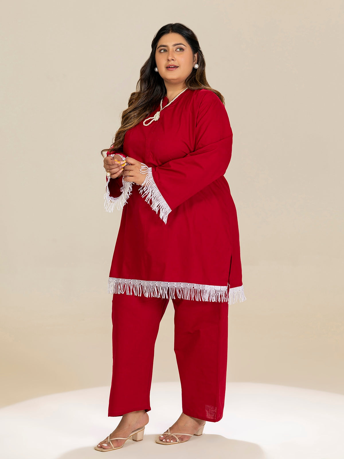 TITTLI Plus Size Pure Cotton Mandarin Collared V-Neck Lace Detailing Tunic & Trouser Co-Ord Set