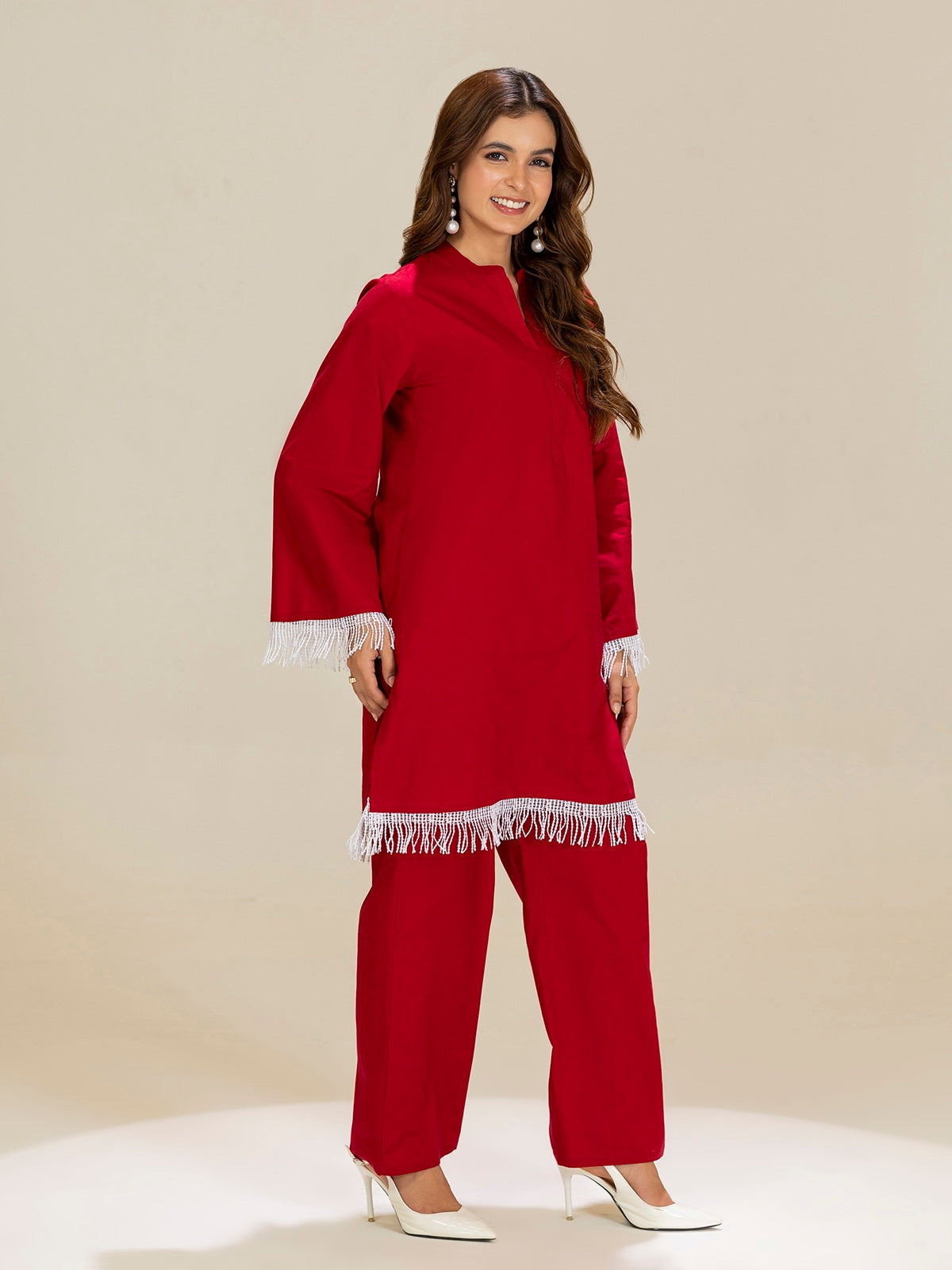 TITTLI Pure Cotton Mandarin Collared V-Neck Lace Detailing Tunic & Trouser Co-Ord Set