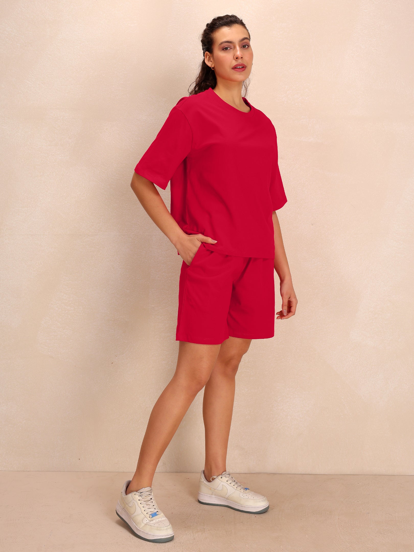 TITTLI Women Pure Cotton Solid T-Shirt and Shorts Co-Ord Set (Rani)