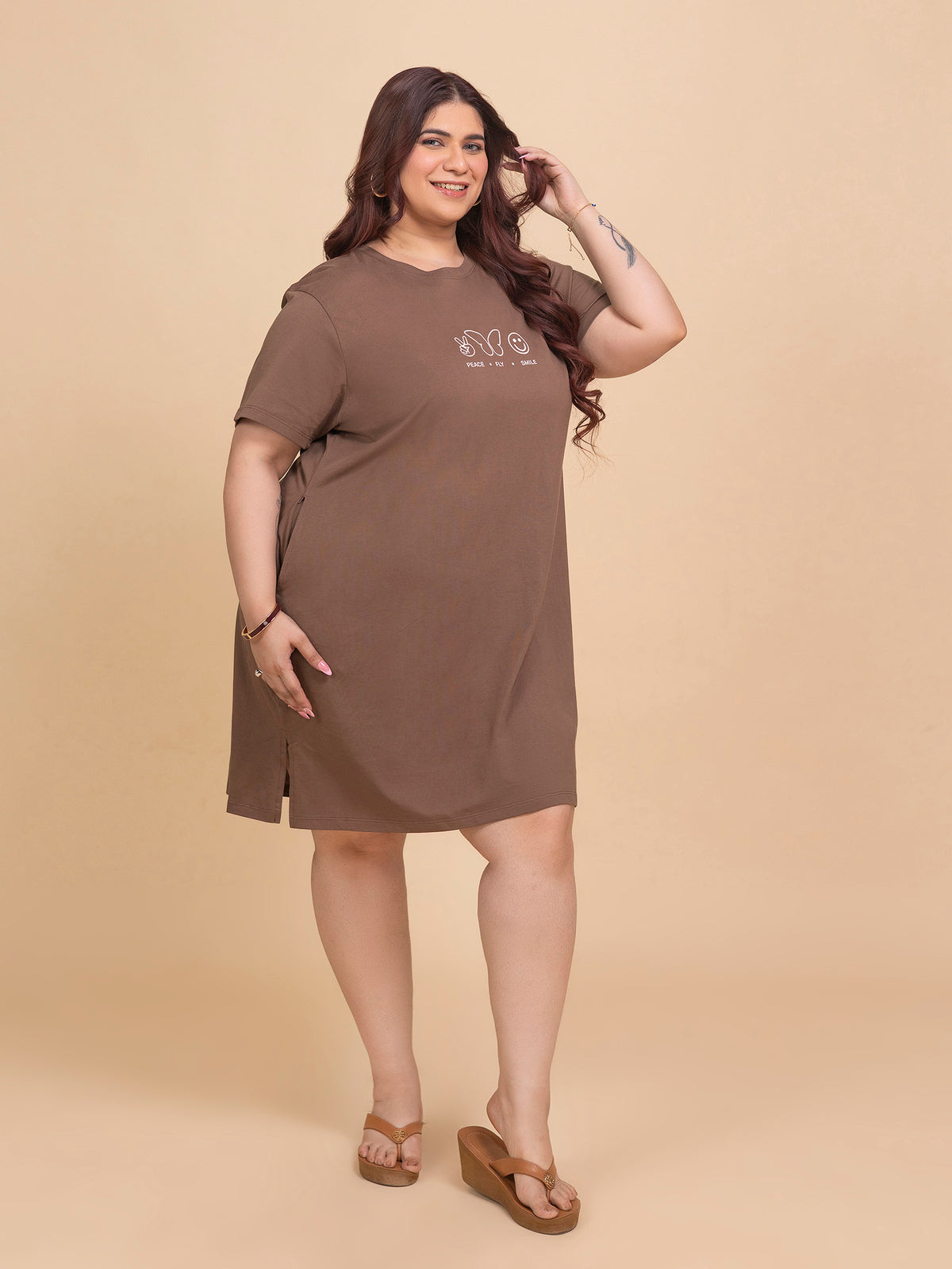 Women's Plus Size Knee Length T-Shirt (D. Brown)