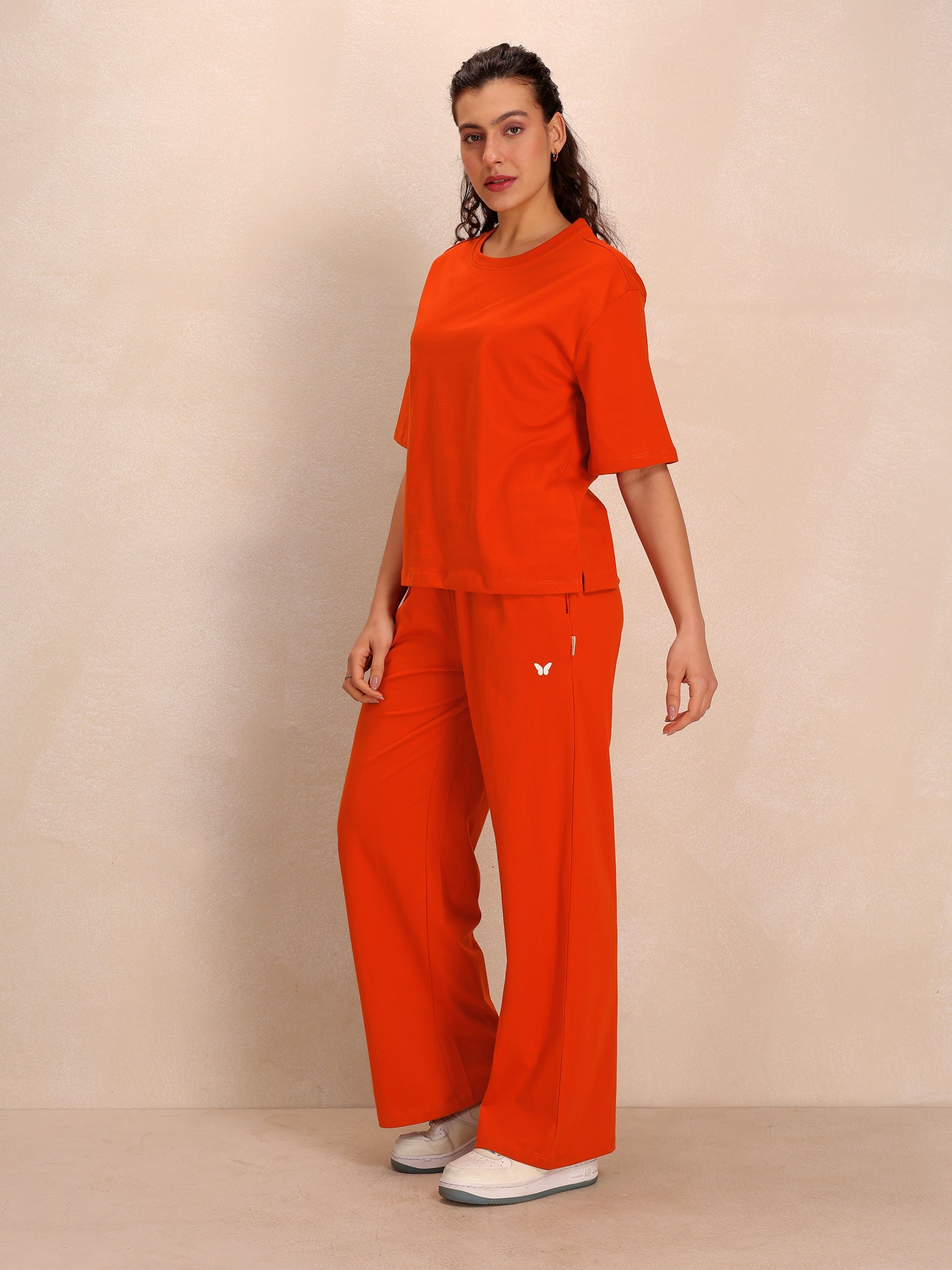 TITTLI Women Pure Cotton Solid T-Shirt And Trouser Co-Ord Set (Orange)