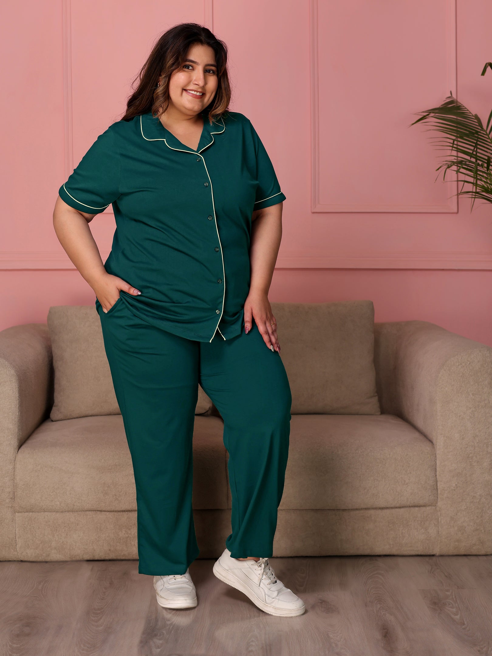 TITTLI Women Pure Cotton Shirt and Pyjama Nightsuit (Airforce)