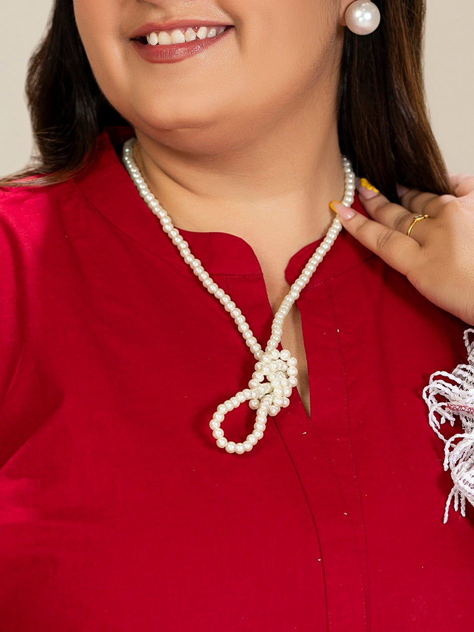 TITTLI Plus Size Pure Cotton Mandarin Collared V-Neck Lace Detailing Tunic & Trouser Co-Ord Set