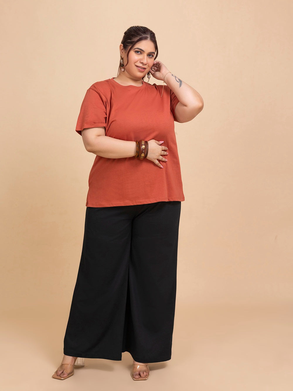 TITTLI Plus Size Pure Cotton Rust Round Neck T-Shirt For Womens