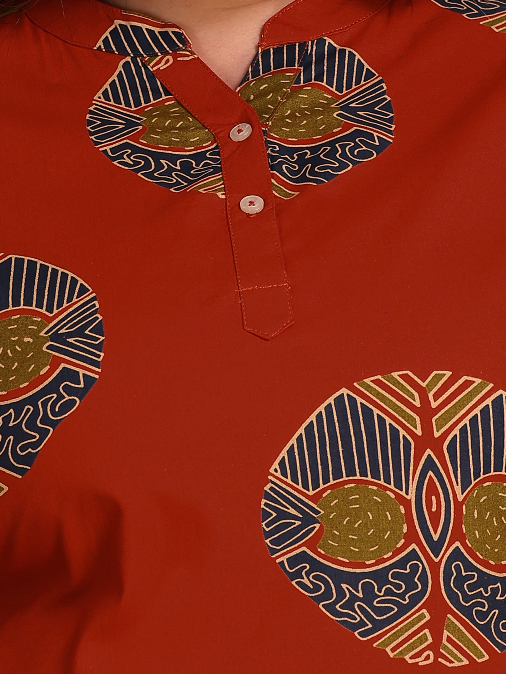 TITTLI Women Plus Size Printed Pure Cotton Mandarin Collar Casual Kurti (Rust)