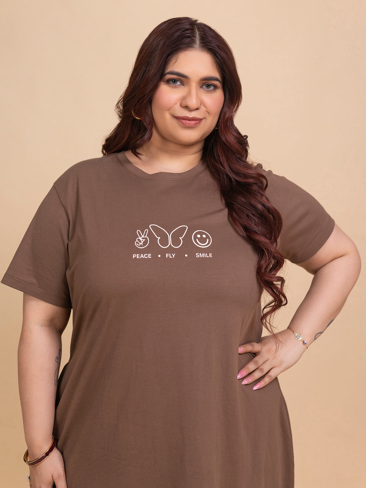 Women's Plus Size Knee Length T-Shirt (D. Brown)