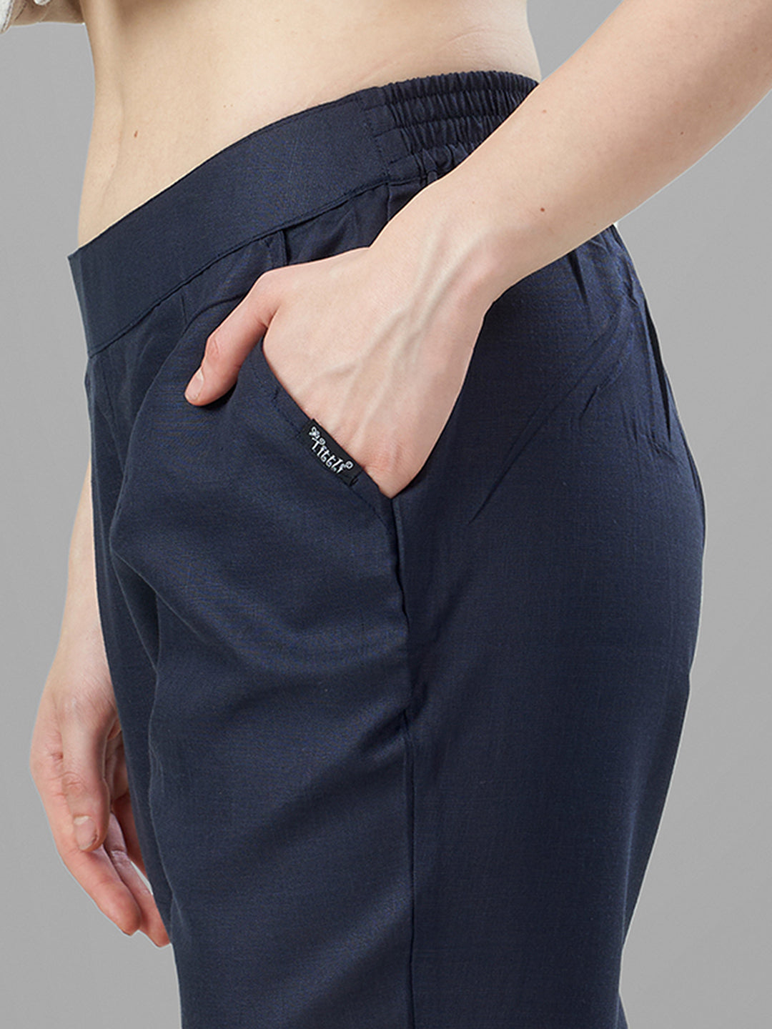 Trendy Silk Cigarette Pants for Ladies in navy closer view
