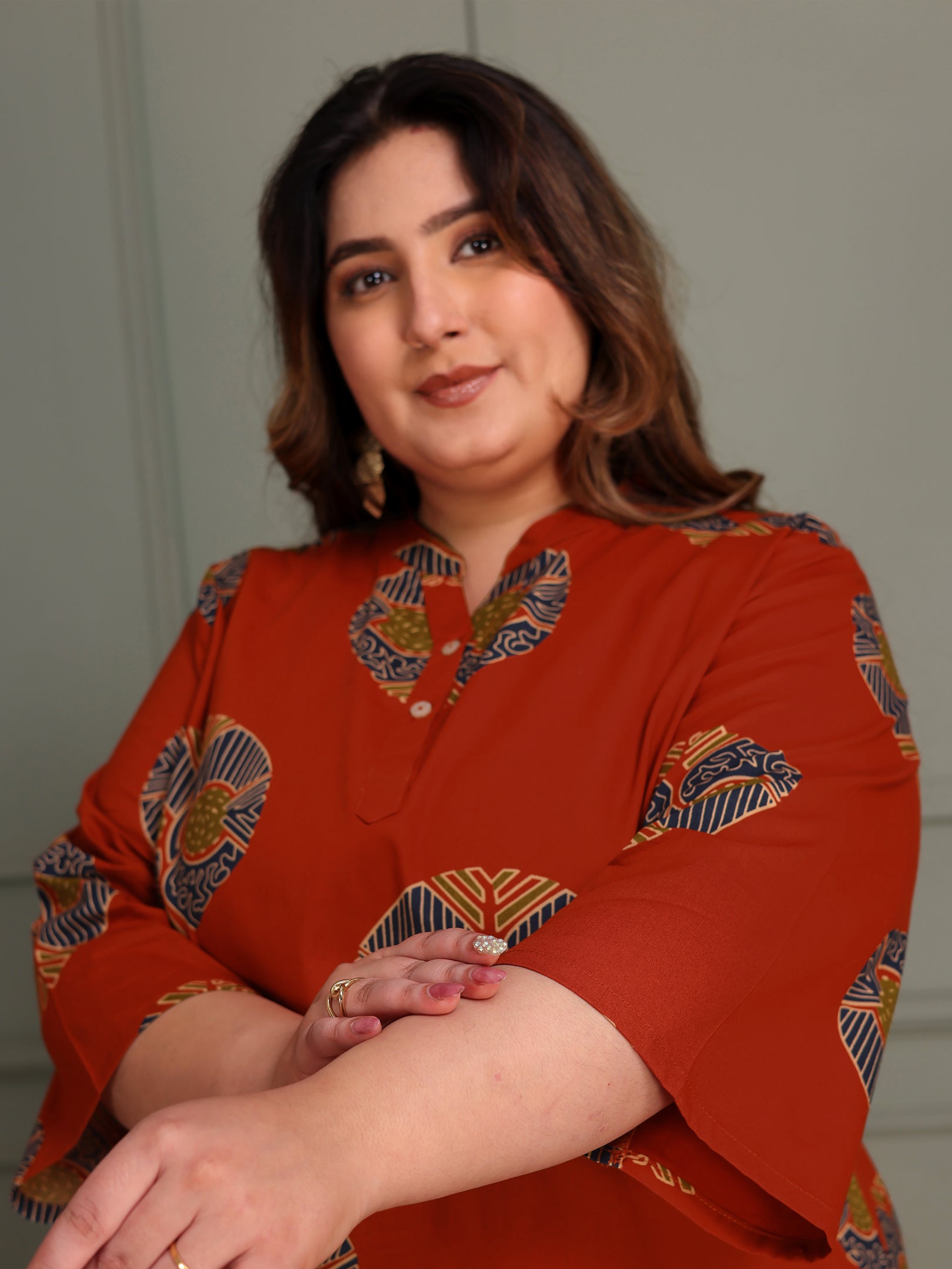 TITTLI Women Plus Size Printed Pure Cotton Mandarin Collar Casual Kurti (Rust)