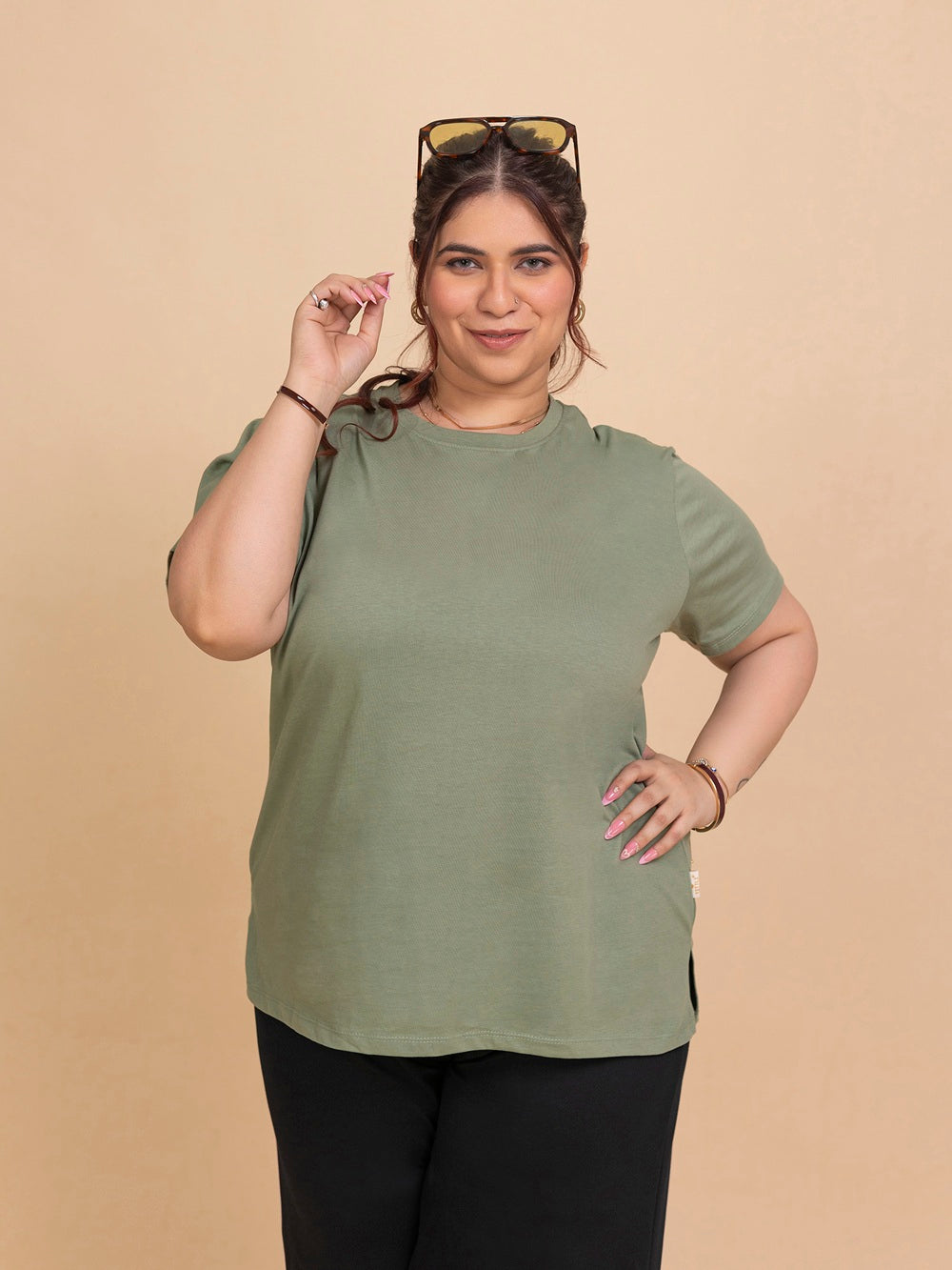TITTLI Plus Size Pure Cotton Ocean Green Round Neck T-Shirt For Womens