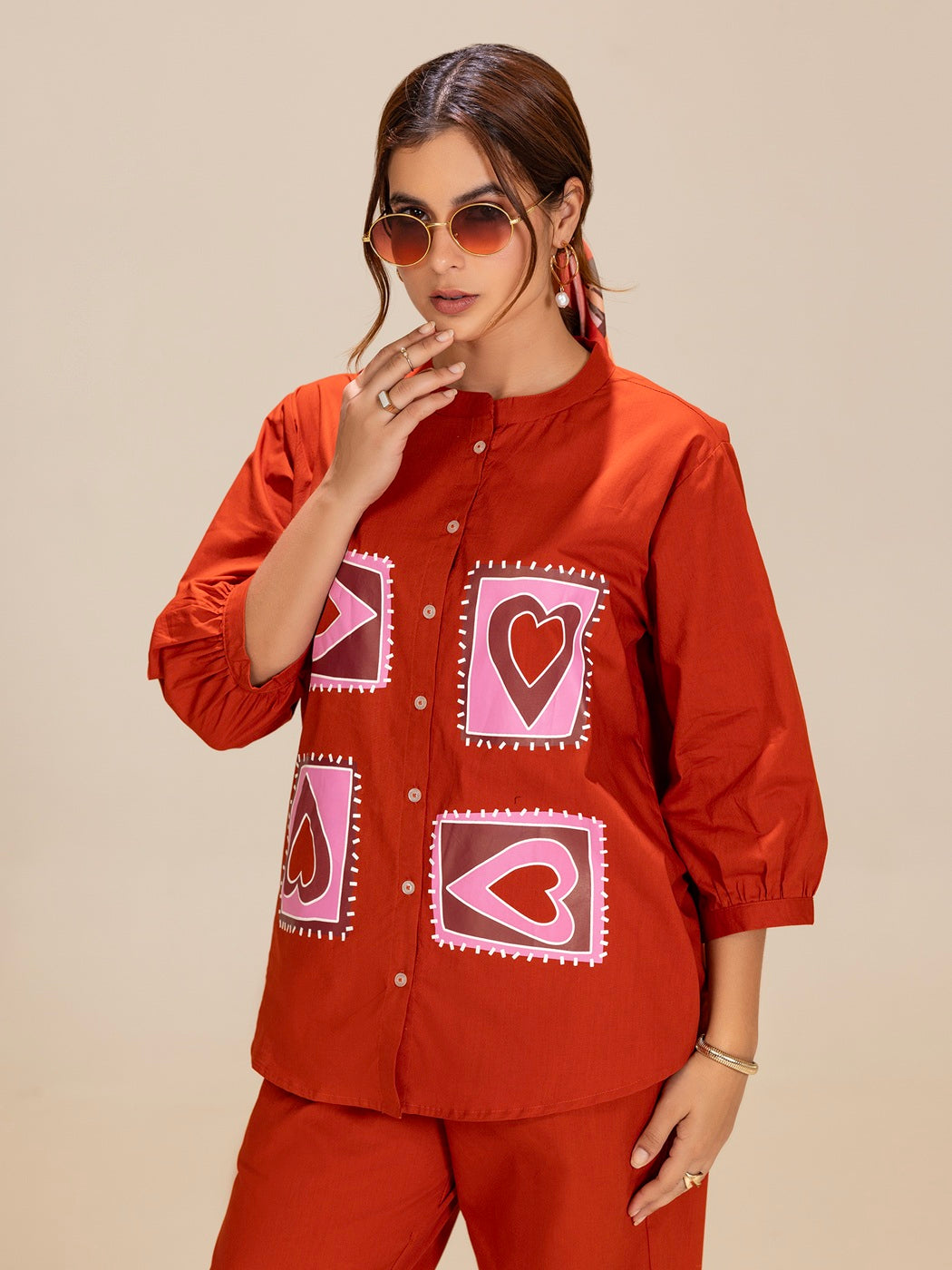 TITTLI Orange Colour Printed Relaxed Fit Pure Cotton Shirt And Trouser Co-Ord Set For Womens