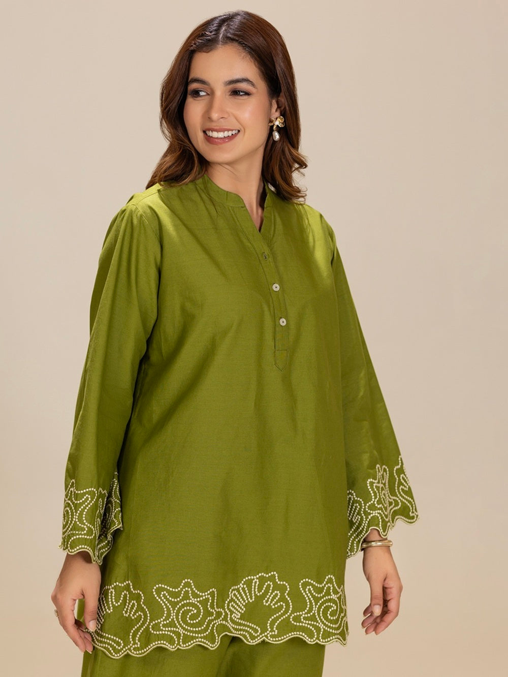 TITTLI Mehndi Green Colour Embroidered Tunic & Trouser Co-Ord Set For Women