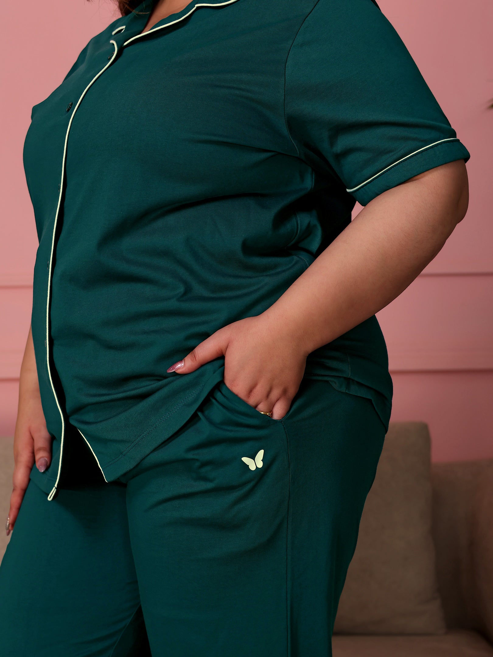 TITTLI Women Pure Cotton Shirt and Pyjama Nightsuit (Airforce)