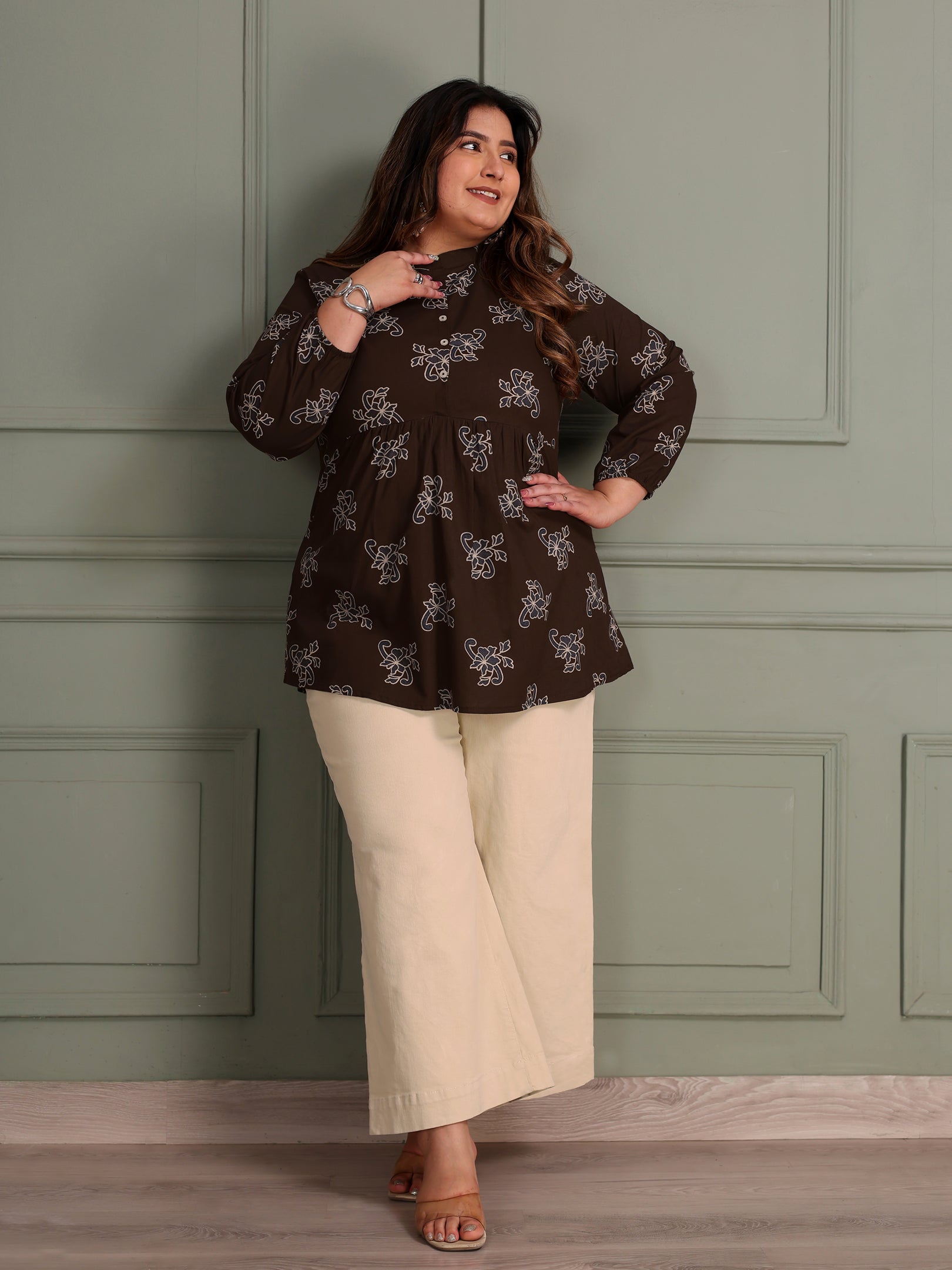 TITTLI Women Plus Size All-Over Printed Puff Sleeves Mandarin Collar Pure Cotton Frailed Kurti (Coffee)