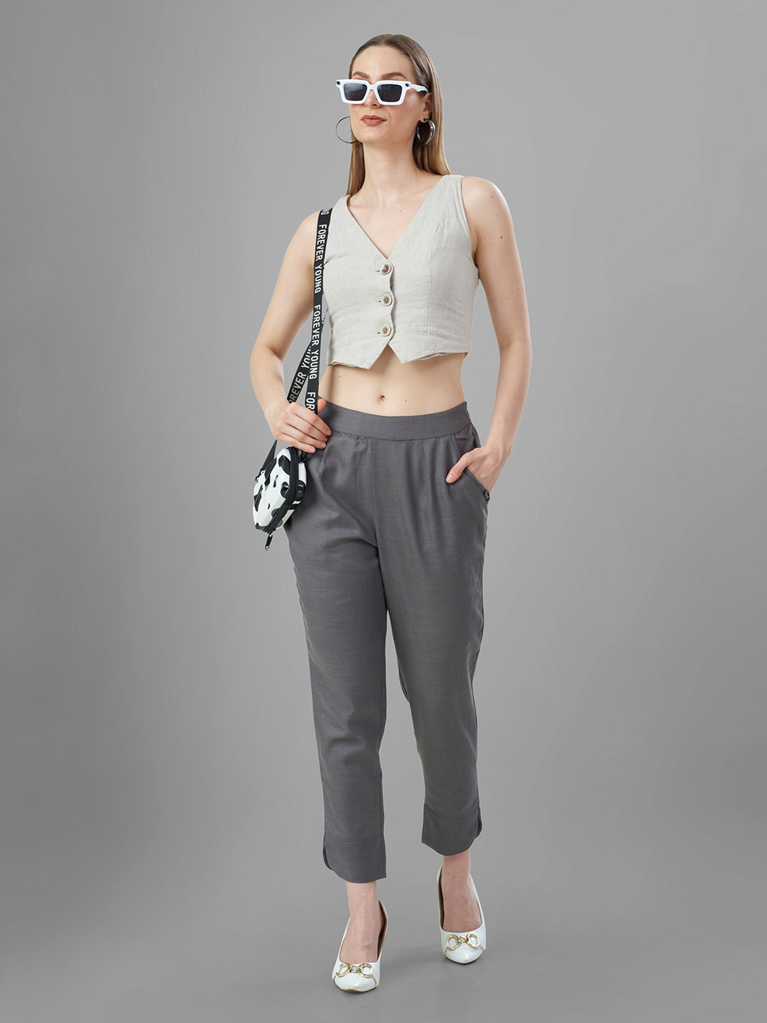 Trendy Silk Cigarette Pants for Ladies in Steel Grey online