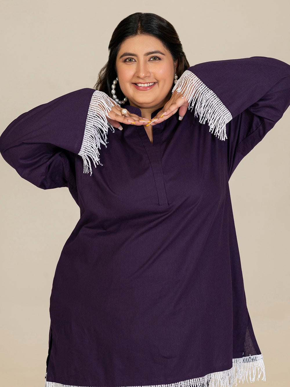 TITTLI Plus Size Violet Colour Pure Cotton Mandarin Collared V-Neck Lace Detailing Tunic & Trouser Co-Ord Set