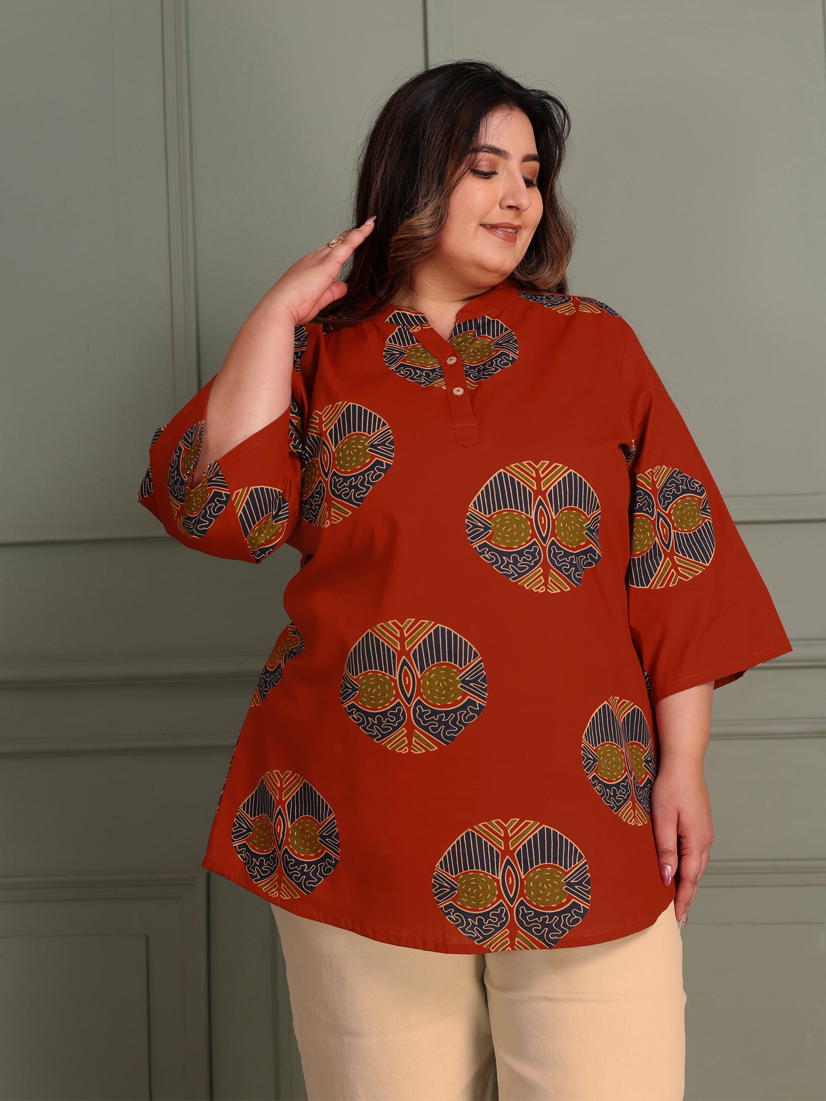 TITTLI Women Plus Size Printed Pure Cotton Mandarin Collar Casual Kurti (Rust)
