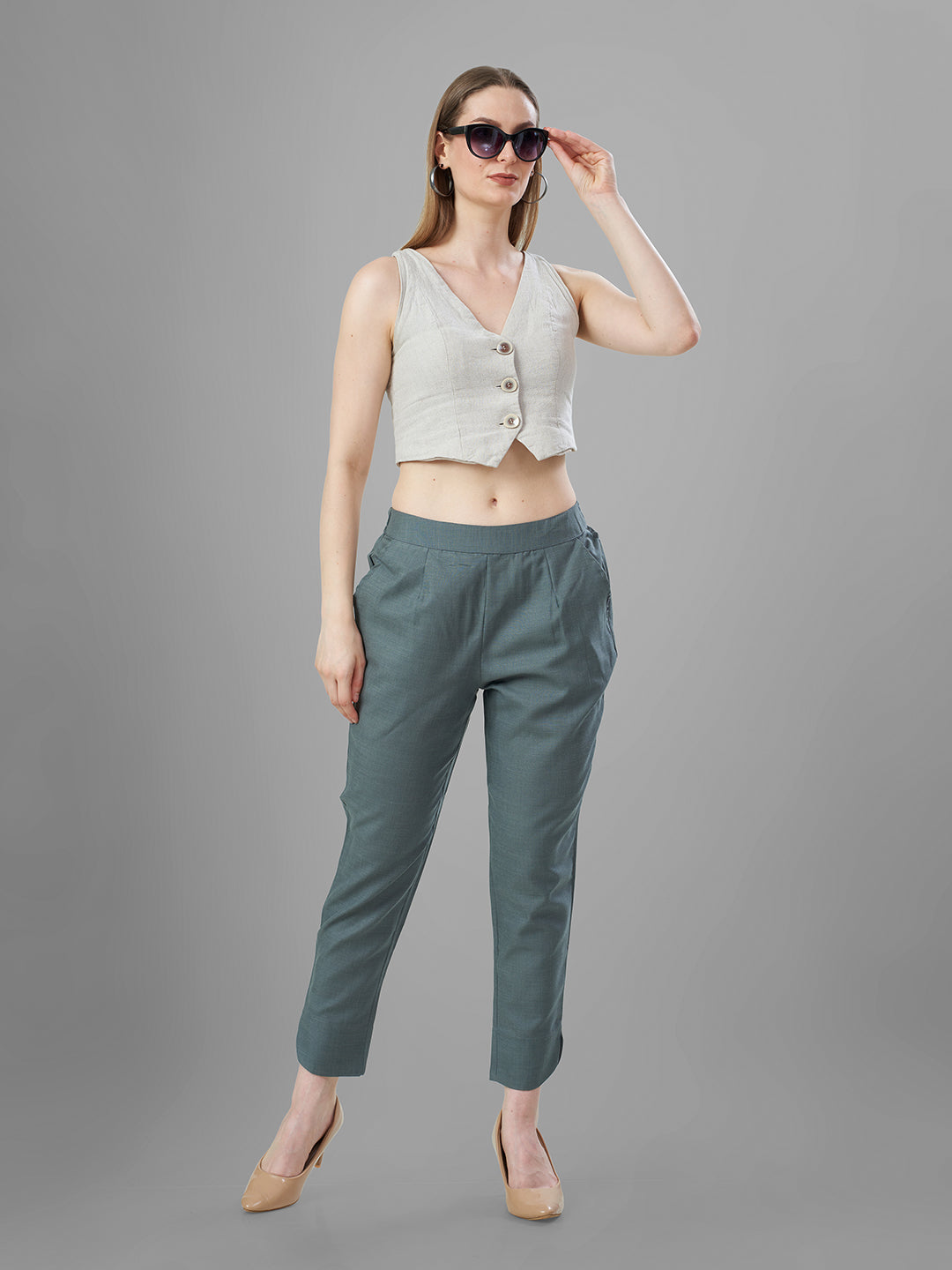 Trendy Silk Cigarette Pants for Ladies in Smoke Grey | Tittli