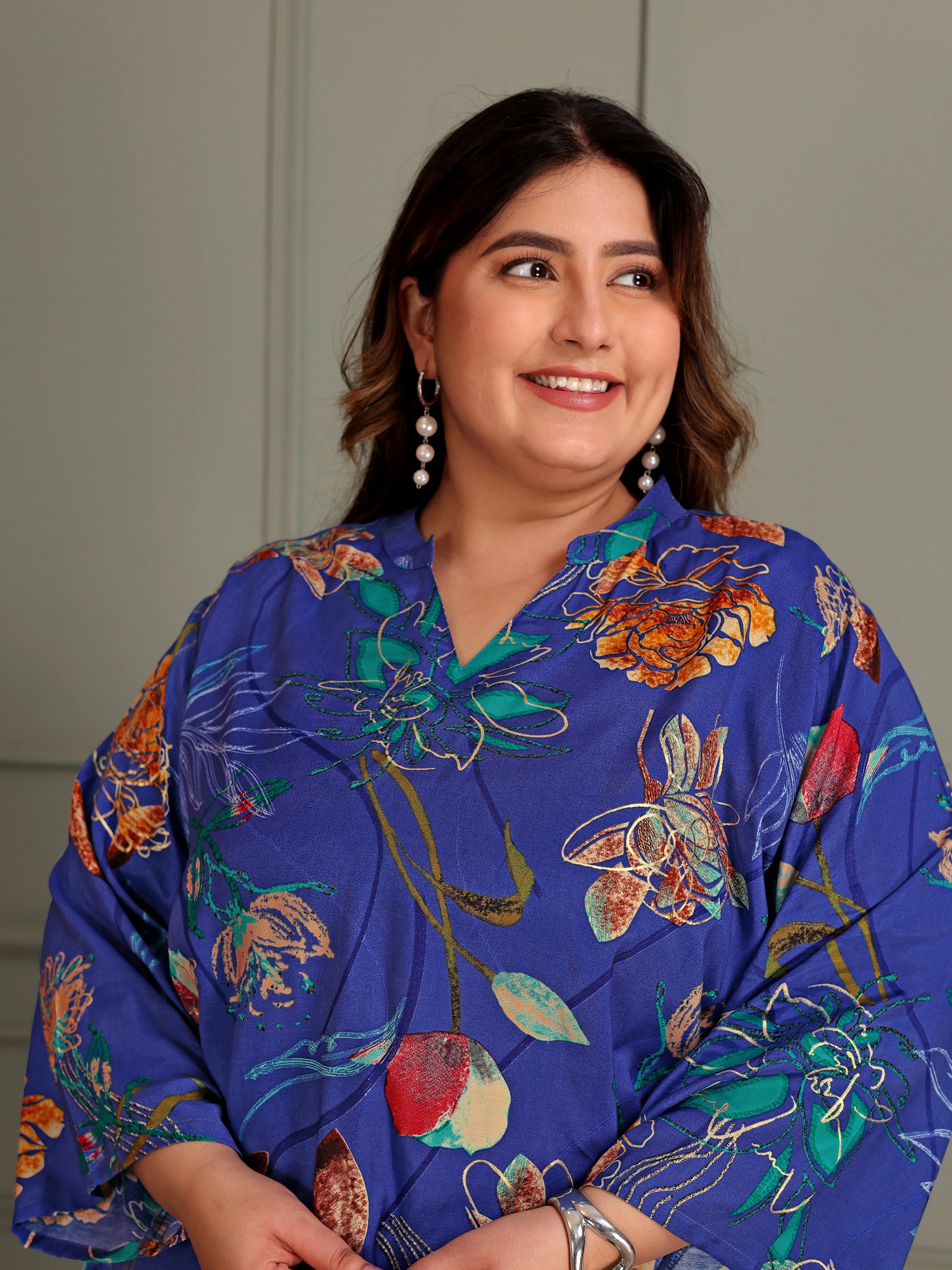 TITTLI Women Plus Size All Over Printed Tunic and Trouser Co Ord Set (Blue)