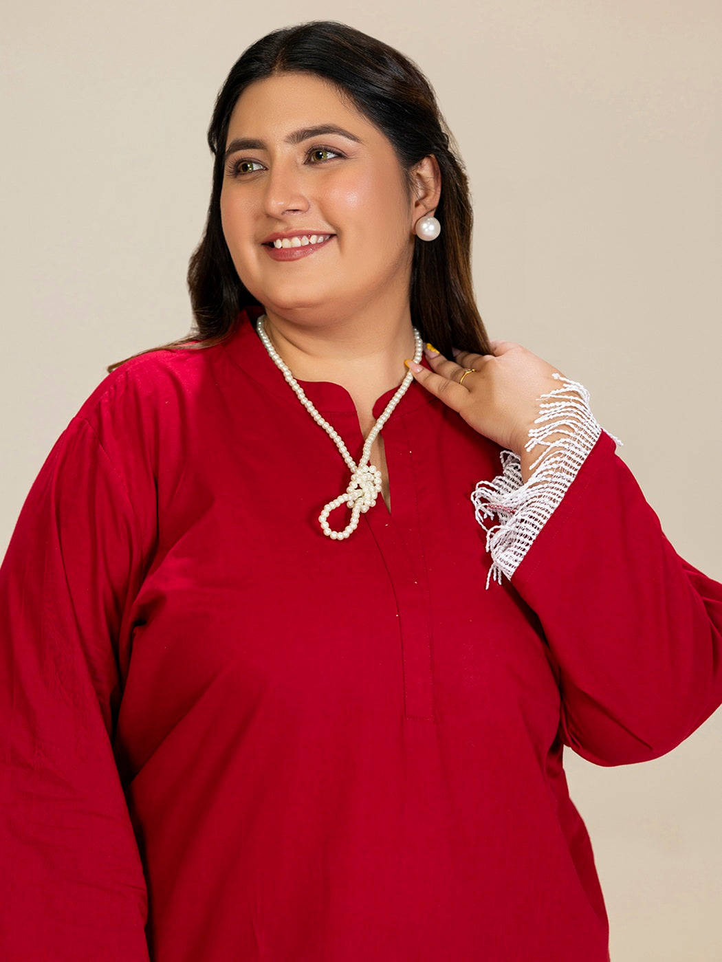 TITTLI Plus Size Pure Cotton Mandarin Collared V-Neck Lace Detailing Tunic & Trouser Co-Ord Set