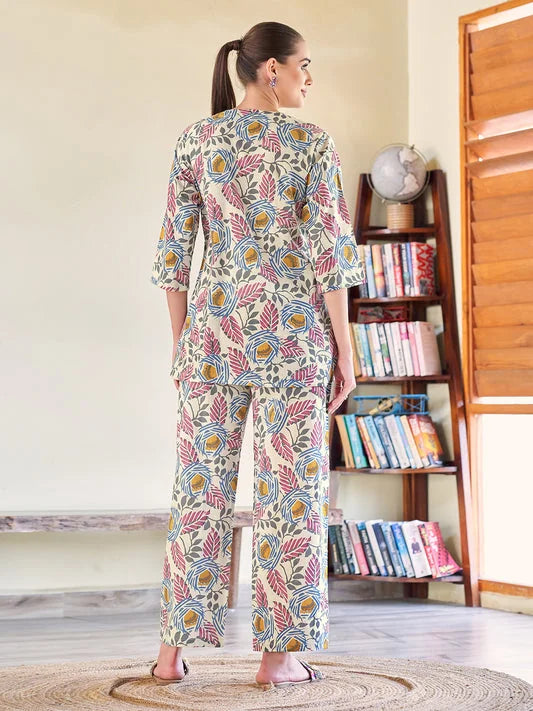 Blue Cotton V neck Co ord set back view