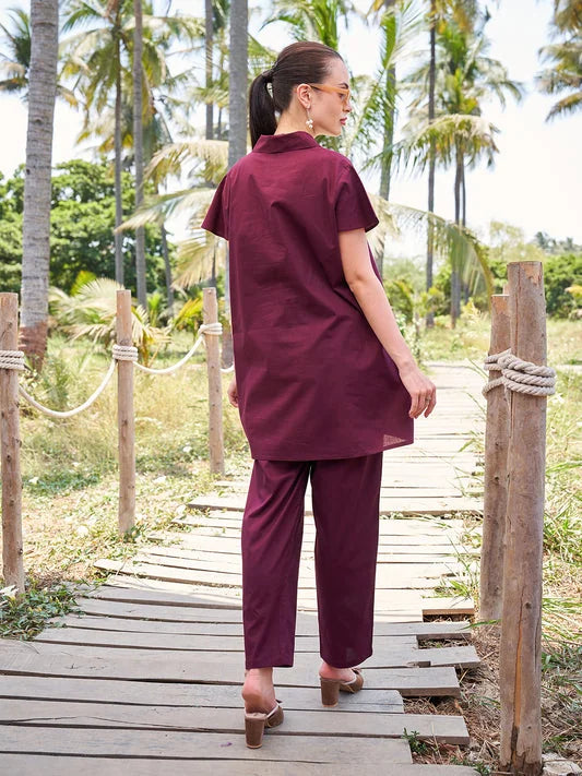 Collard Co Ord Set for Women in Wine back view