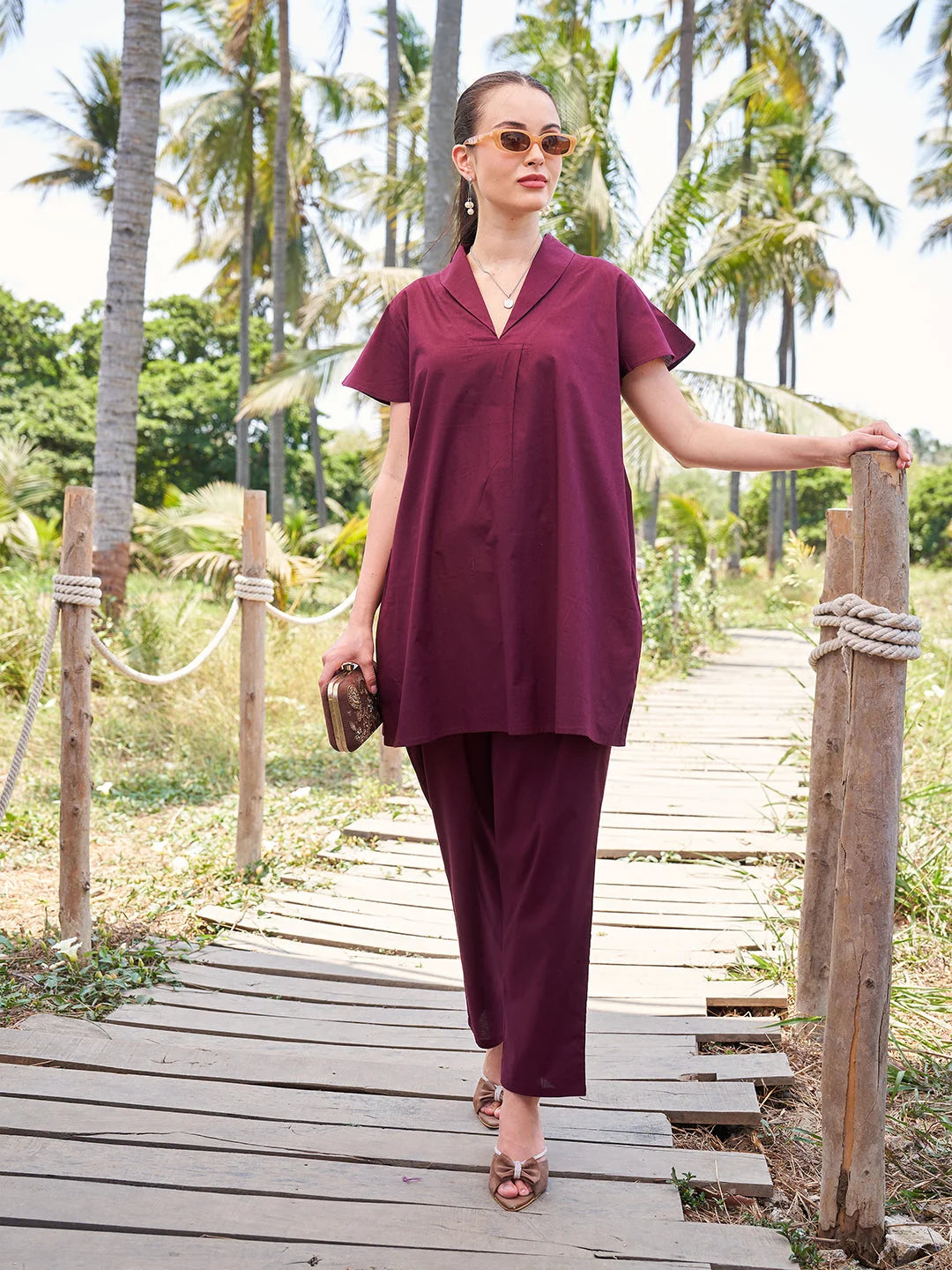 Collard Co Ord Set for Women in Wine online Tittli
