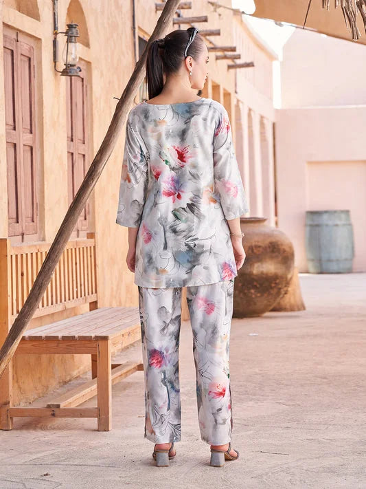 D. Grey Printed Co Ord Dress Sets for Women back view