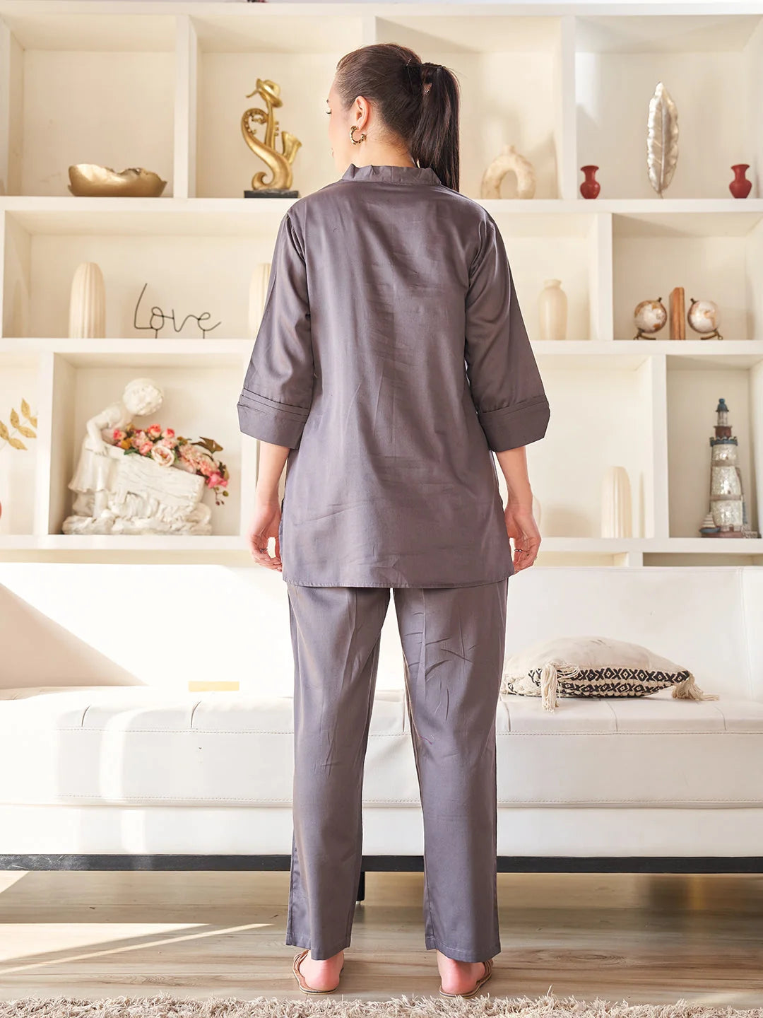 D. Grey plain cotton co ord set back view