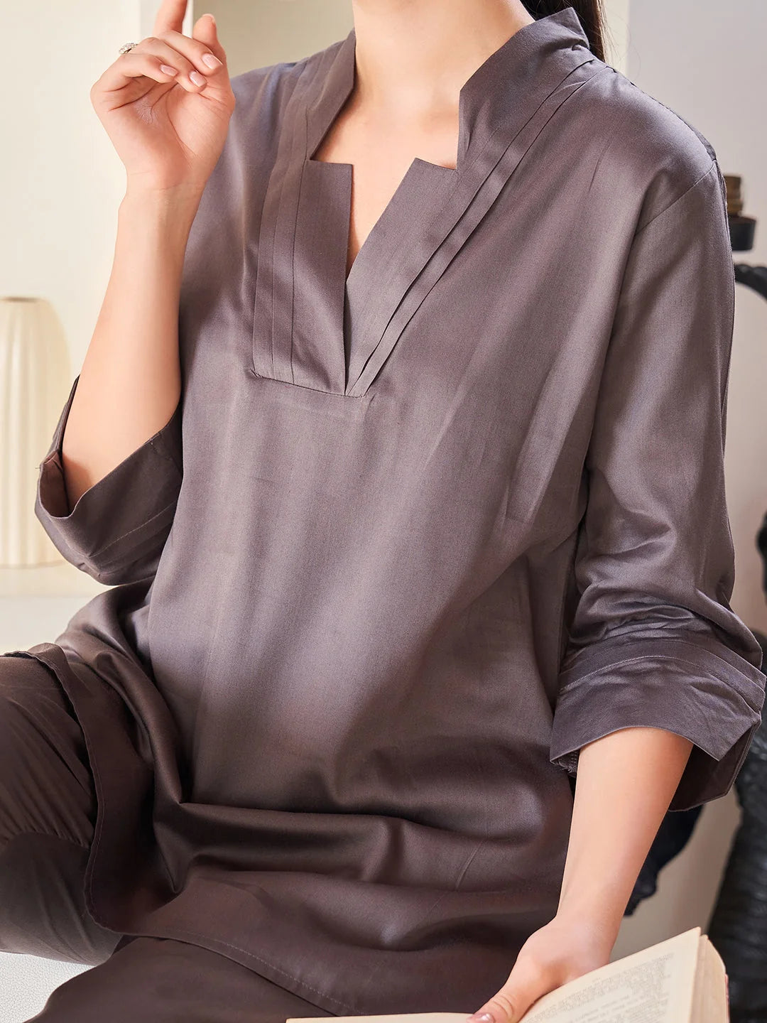 D. Grey plain cotton co ord set online closer view