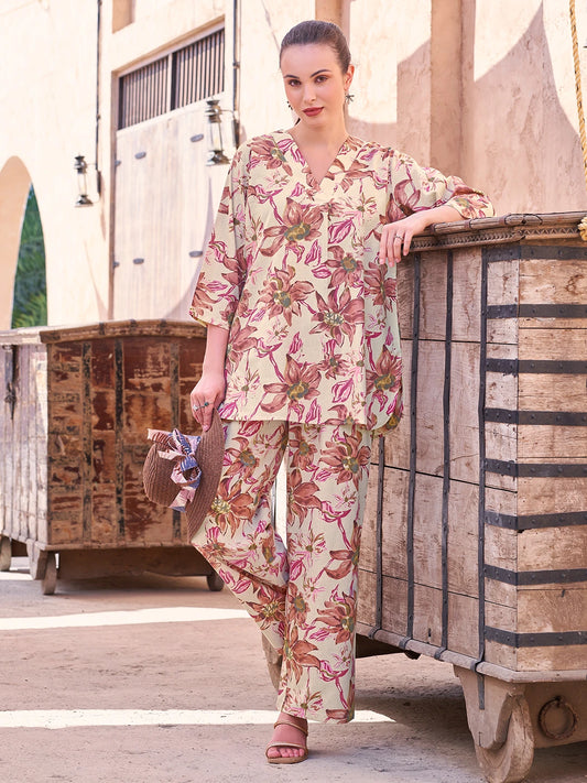 Maroon Floral Cotton Co Ord Set for Women Tittli