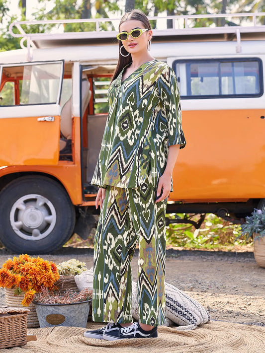 Mehndi Ikkat Printed V Neck Co Ord Sets complete look