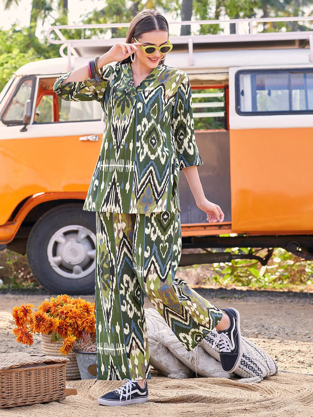 Mehndi Ikkat Printed V Neck Co Ord Sets online India