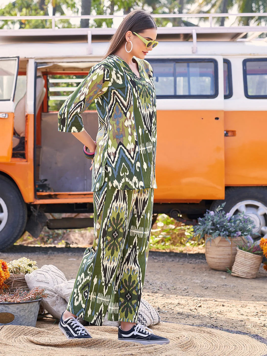 Mehndi Ikkat Printed V Neck Co Ord Sets online India Tittli