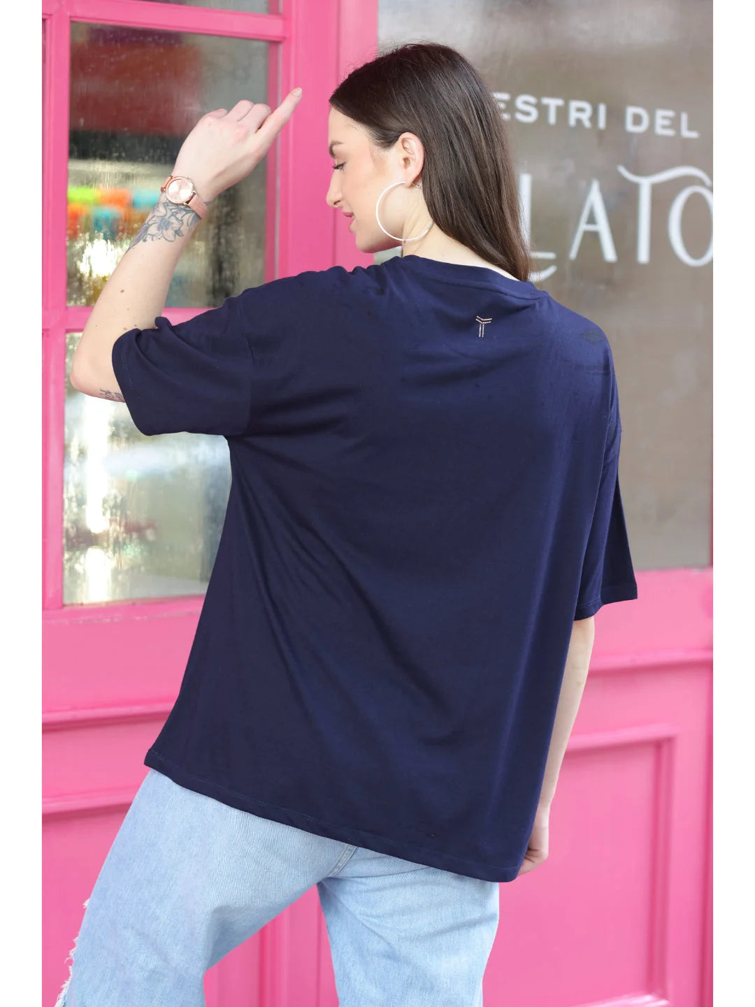 Navy Blue Trendy oversized t shirt for women back view