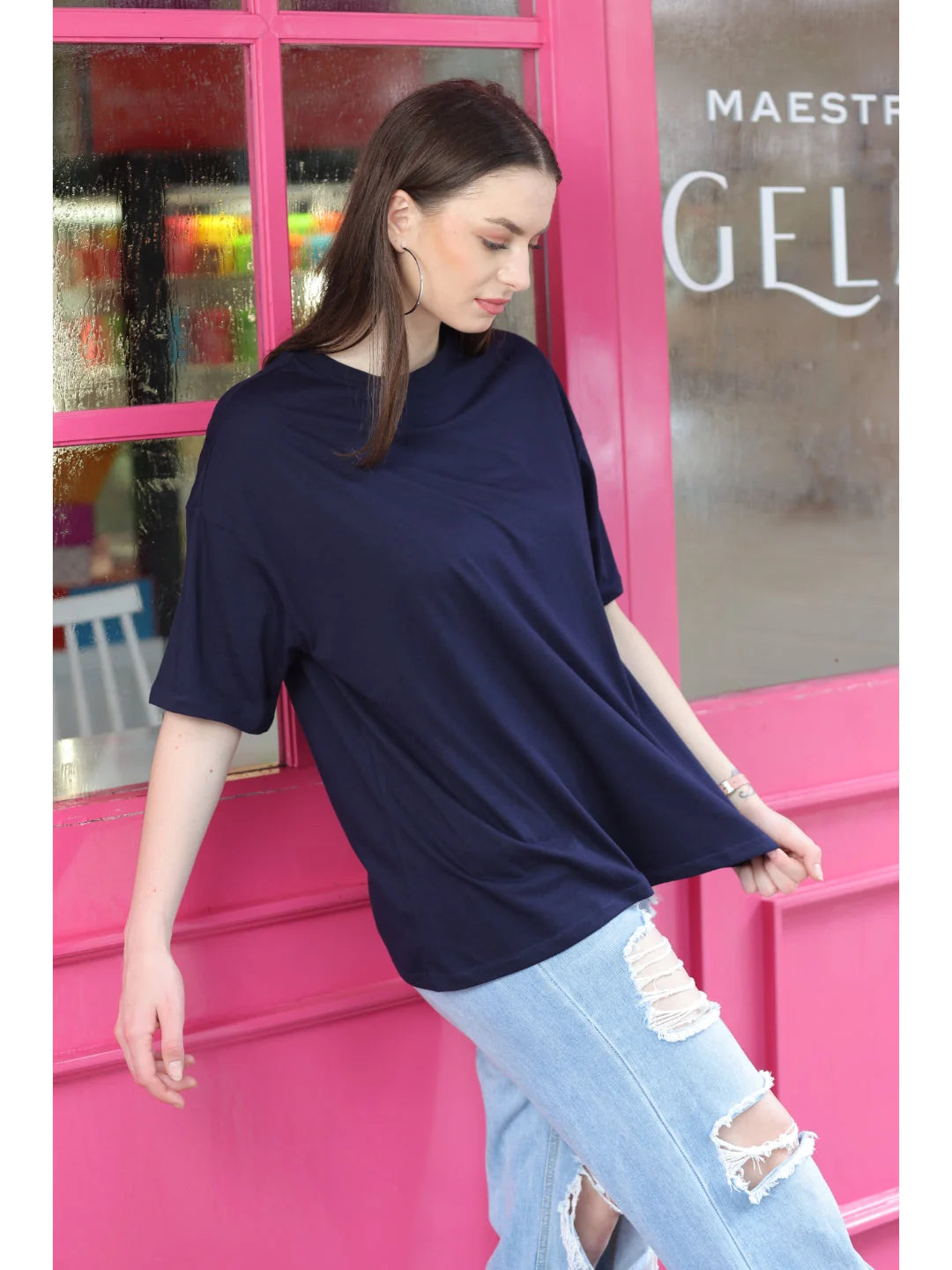 Navy Blue Trendy oversized t shirt for women side view