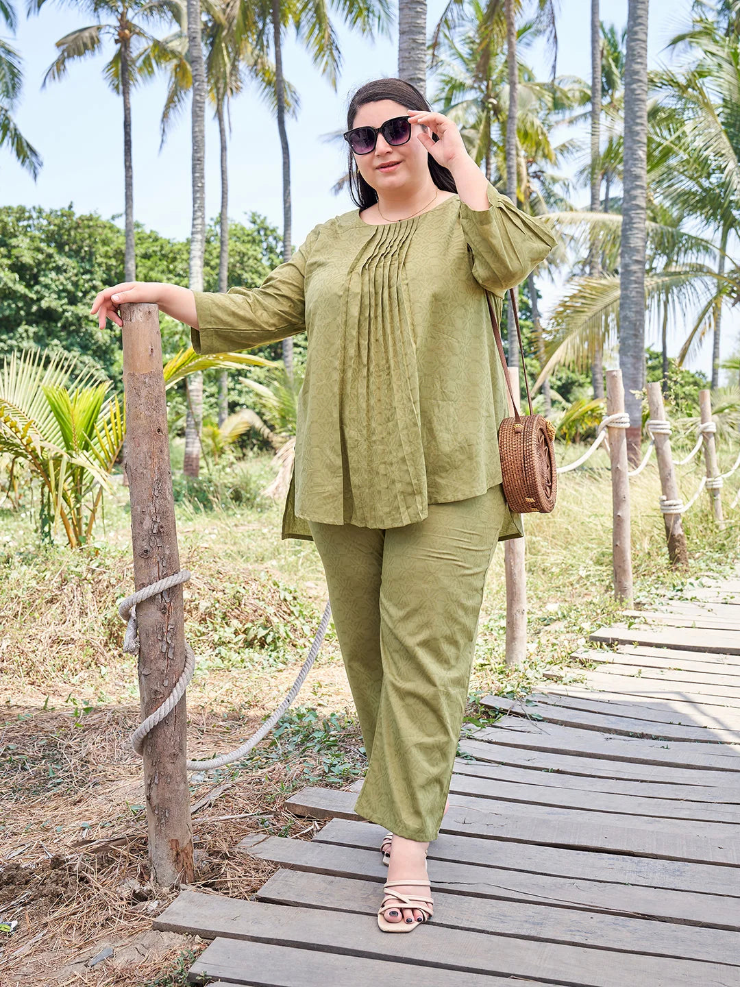 Olive Plus Size Pintuck Co ord Set for Women Stylish Look