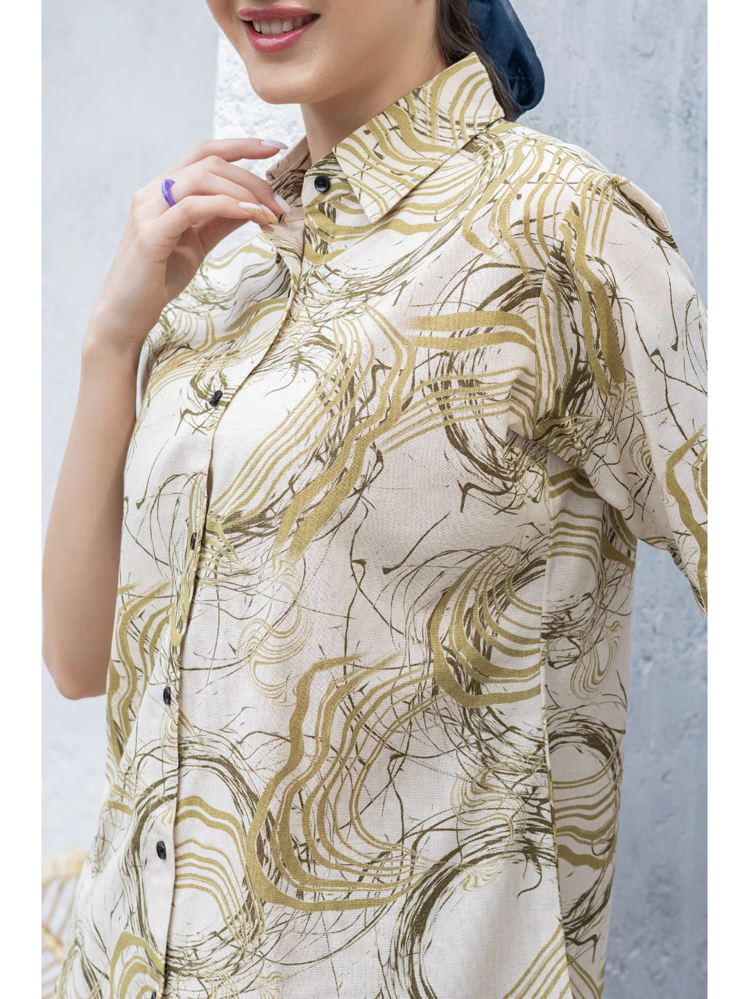 Olive cotton night suit for women closer view