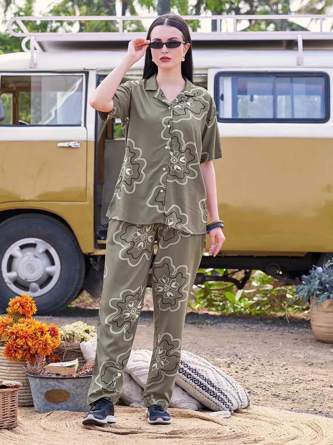 Olive printed co ord sets night suits online